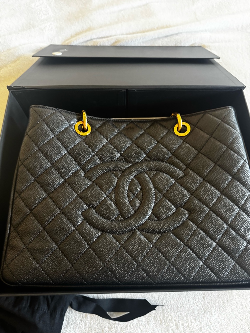 CHANEL GST Black Quilted Caviar Leather Tote with Gold Hardware
